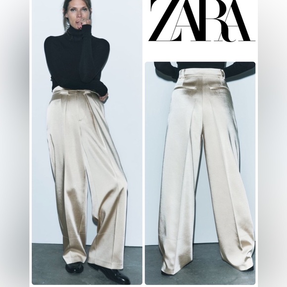 NWT ZARA SATIN SILK EFFECT CREAM IVORY WHITE WIDE LEG PANTS M - Picture 1 of 6